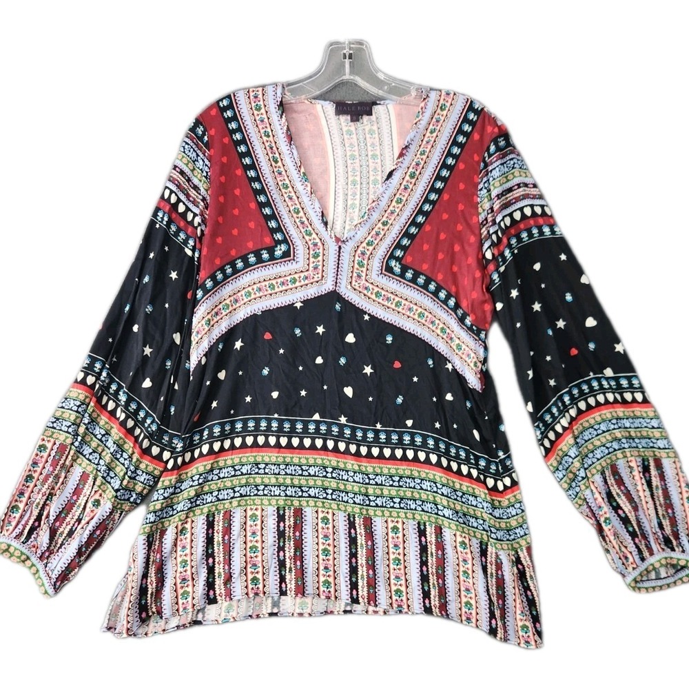 NWOT Hale Bob Colorful Tunic‎ Shirt Sz S Boho Stretch BOHO Festival Hearts Stars